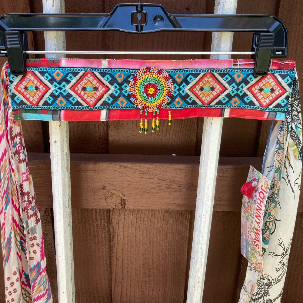 Johnny Was Multicolor Beaded Embroidered Belt with Fringe Ties